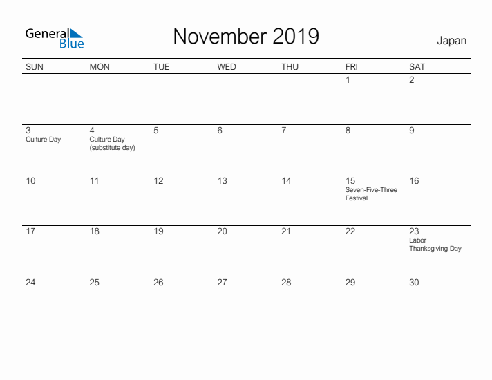 Printable November 2019 Calendar for Japan
