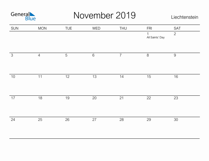 Printable November 2019 Calendar for Liechtenstein