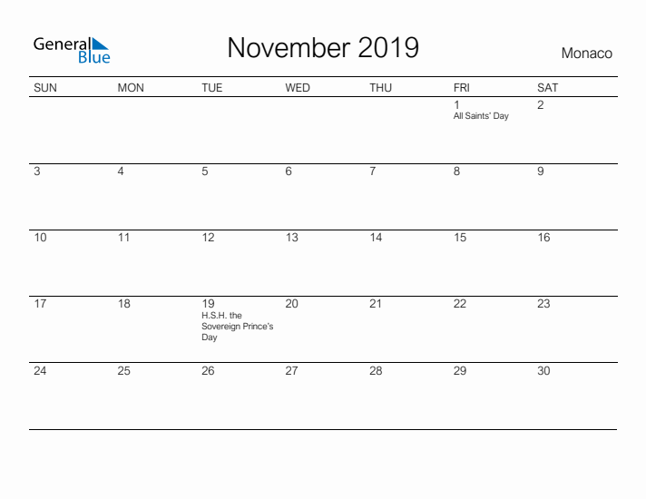 Printable November 2019 Calendar for Monaco