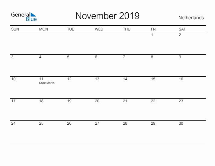 Printable November 2019 Calendar for The Netherlands