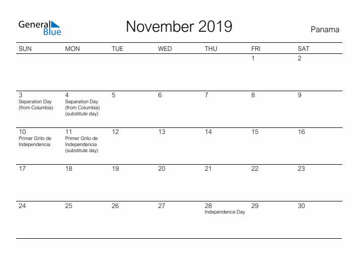 Printable November 2019 Calendar for Panama