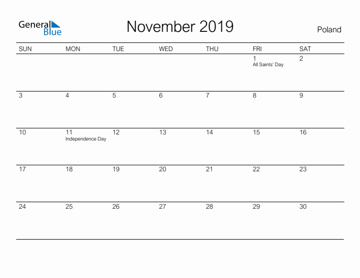 Printable November 2019 Calendar for Poland