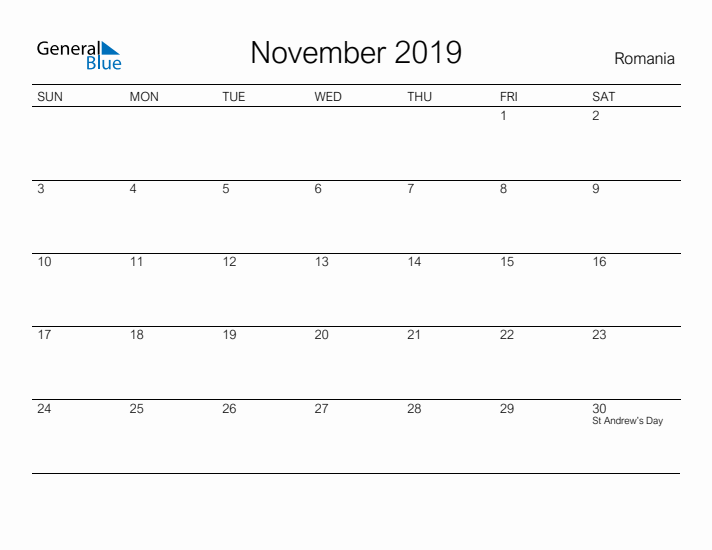Printable November 2019 Calendar for Romania