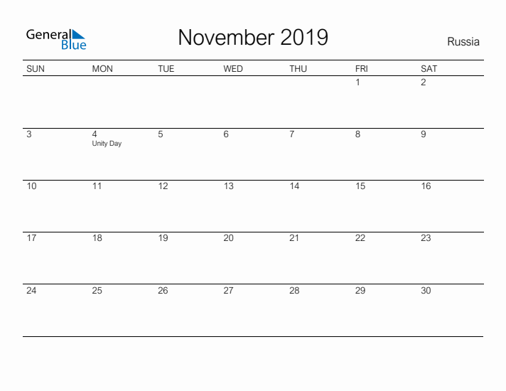 Printable November 2019 Calendar for Russia