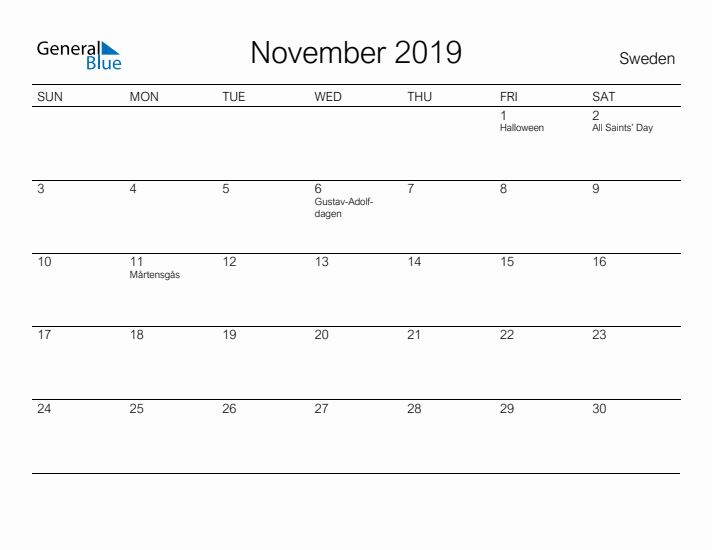 Printable November 2019 Calendar for Sweden