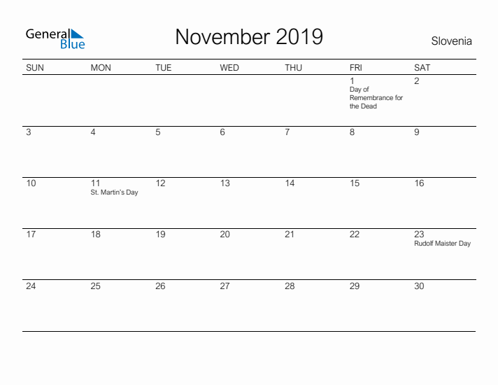 Printable November 2019 Calendar for Slovenia