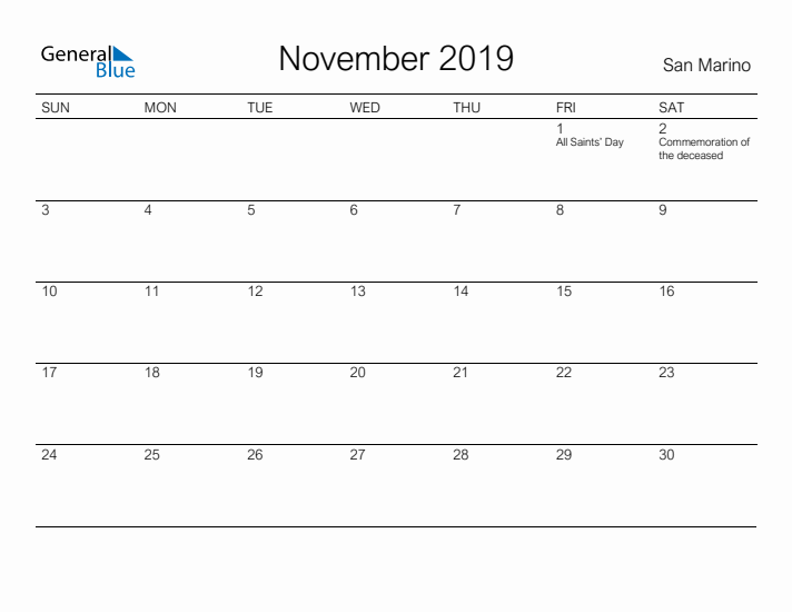 Printable November 2019 Calendar for San Marino