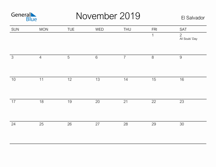 Printable November 2019 Calendar for El Salvador