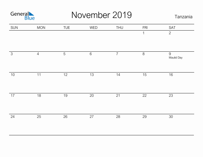 Printable November 2019 Calendar for Tanzania