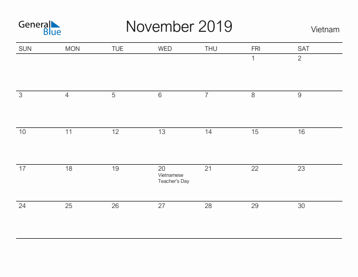 Printable November 2019 Calendar for Vietnam