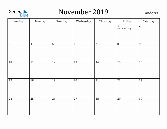 November 2019 Calendar Andorra