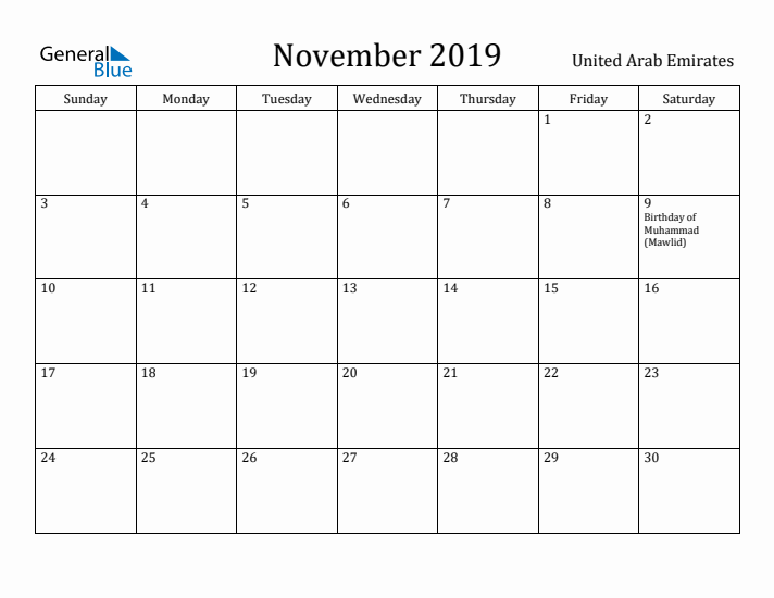 November 2019 Calendar United Arab Emirates