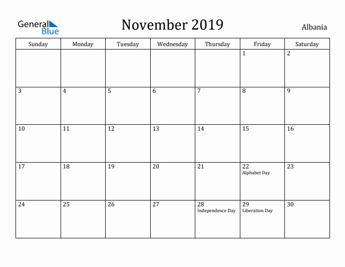 November 2019 Calendar Albania
