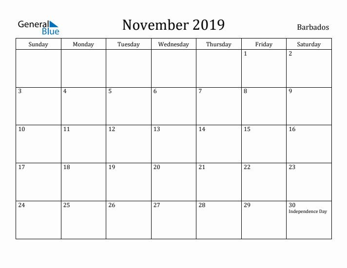 November 2019 Calendar Barbados