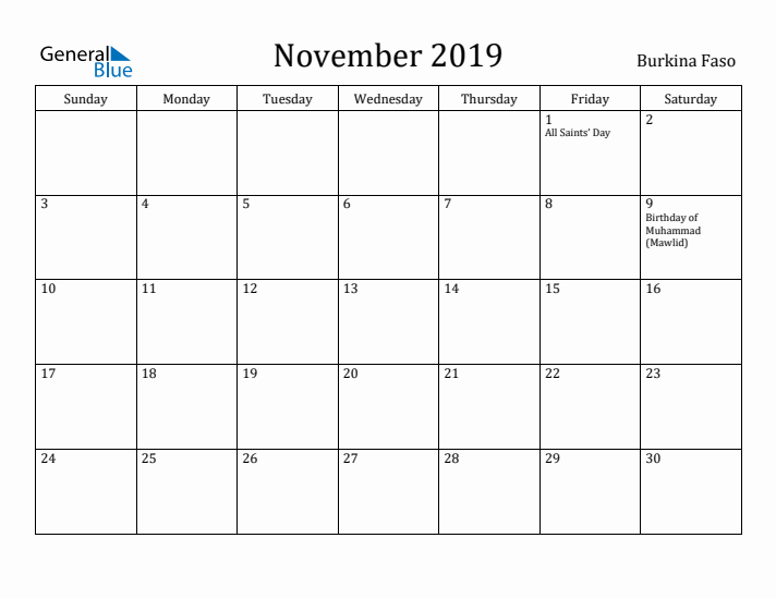 November 2019 Calendar Burkina Faso
