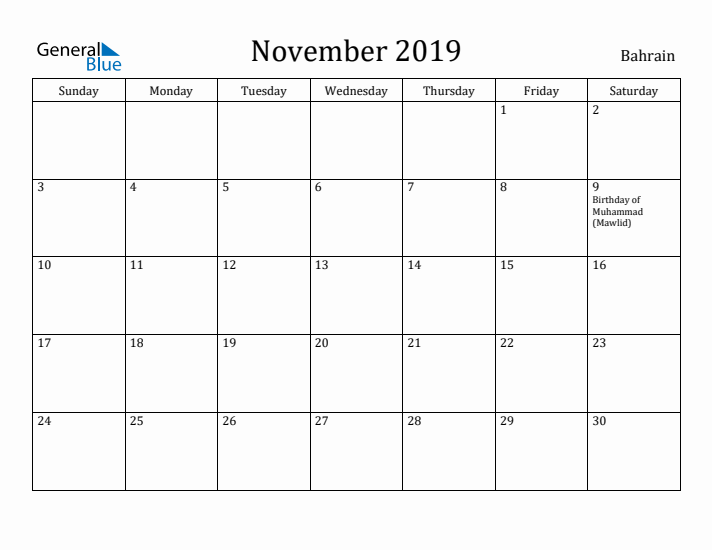 November 2019 Calendar Bahrain
