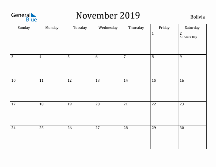 November 2019 Calendar Bolivia