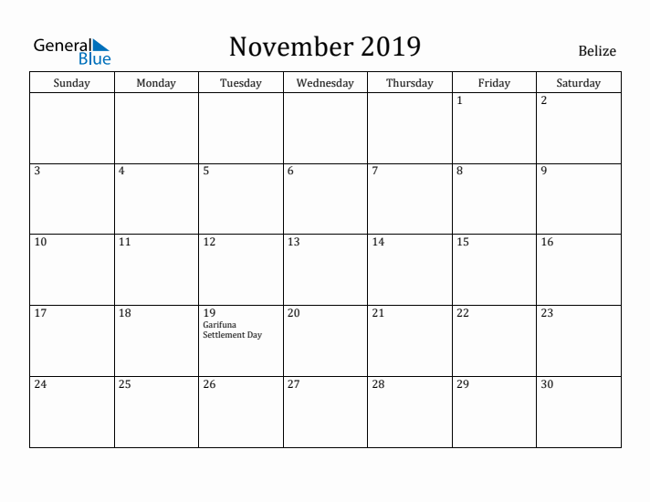 November 2019 Calendar Belize