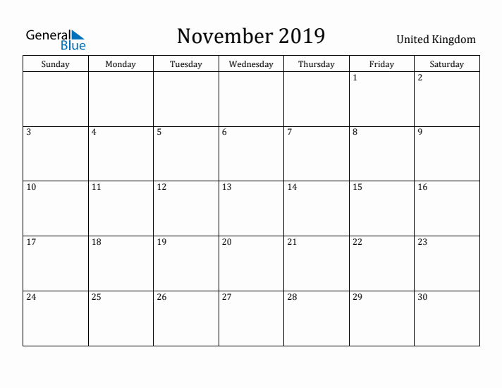 November 2019 Calendar United Kingdom
