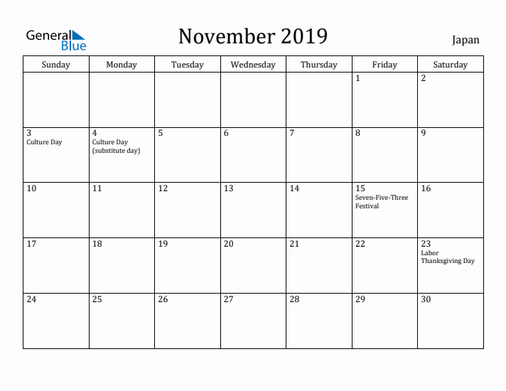 November 2019 Calendar Japan
