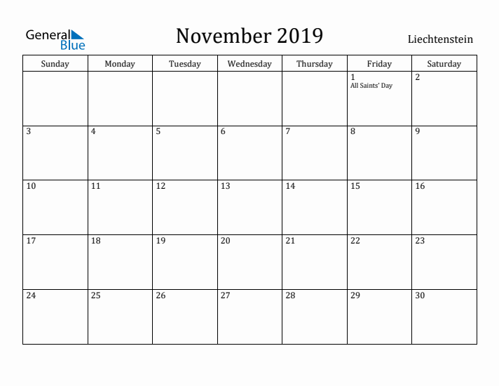 November 2019 Calendar Liechtenstein