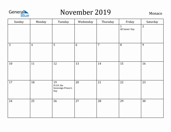 November 2019 Calendar Monaco