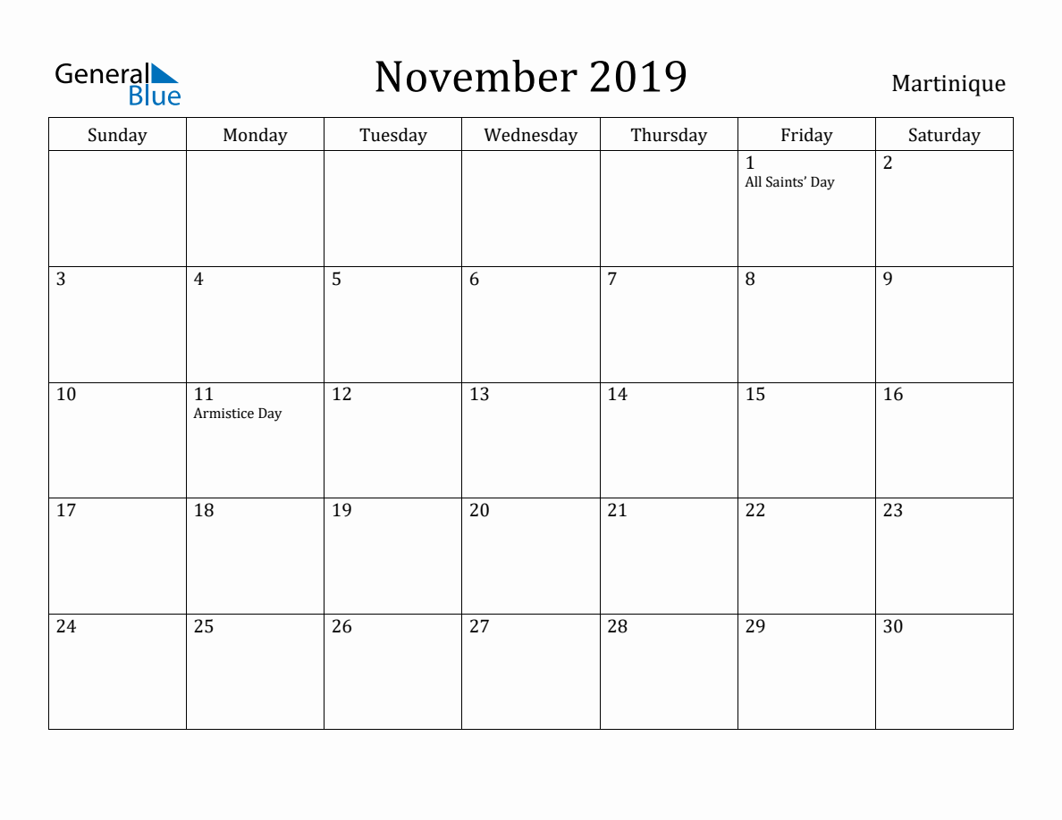 November 2019 Monthly Calendar with Martinique Holidays