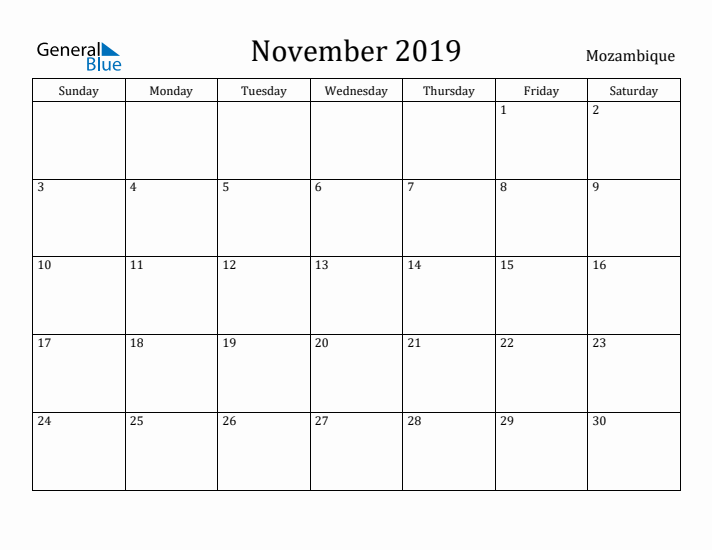 November 2019 Calendar Mozambique