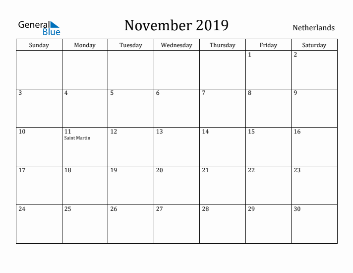 November 2019 Calendar The Netherlands