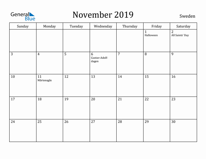November 2019 Calendar Sweden