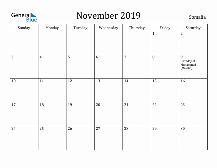 November 2019 Calendar Somalia