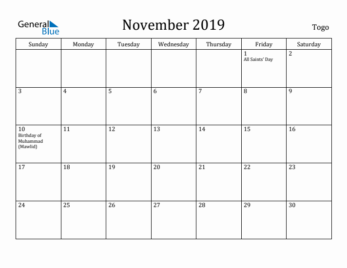 November 2019 Calendar Togo