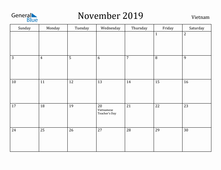 November 2019 Calendar Vietnam