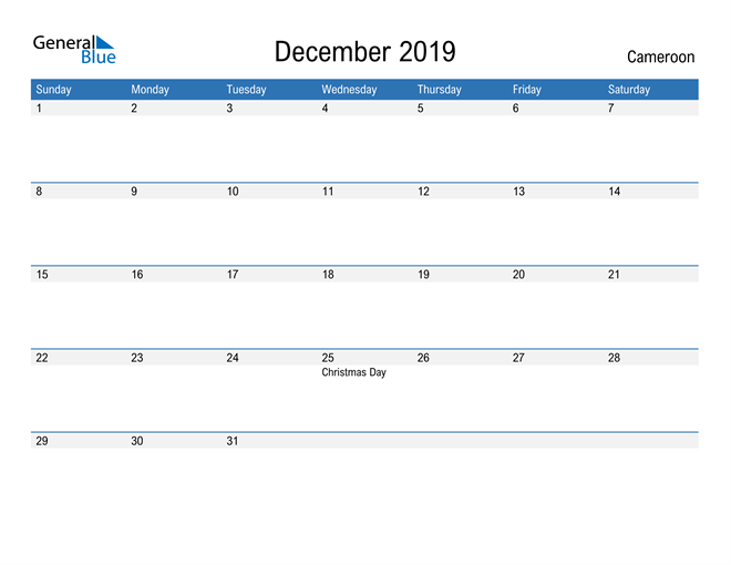 December 2019 Calendar With Cameroon Holidays