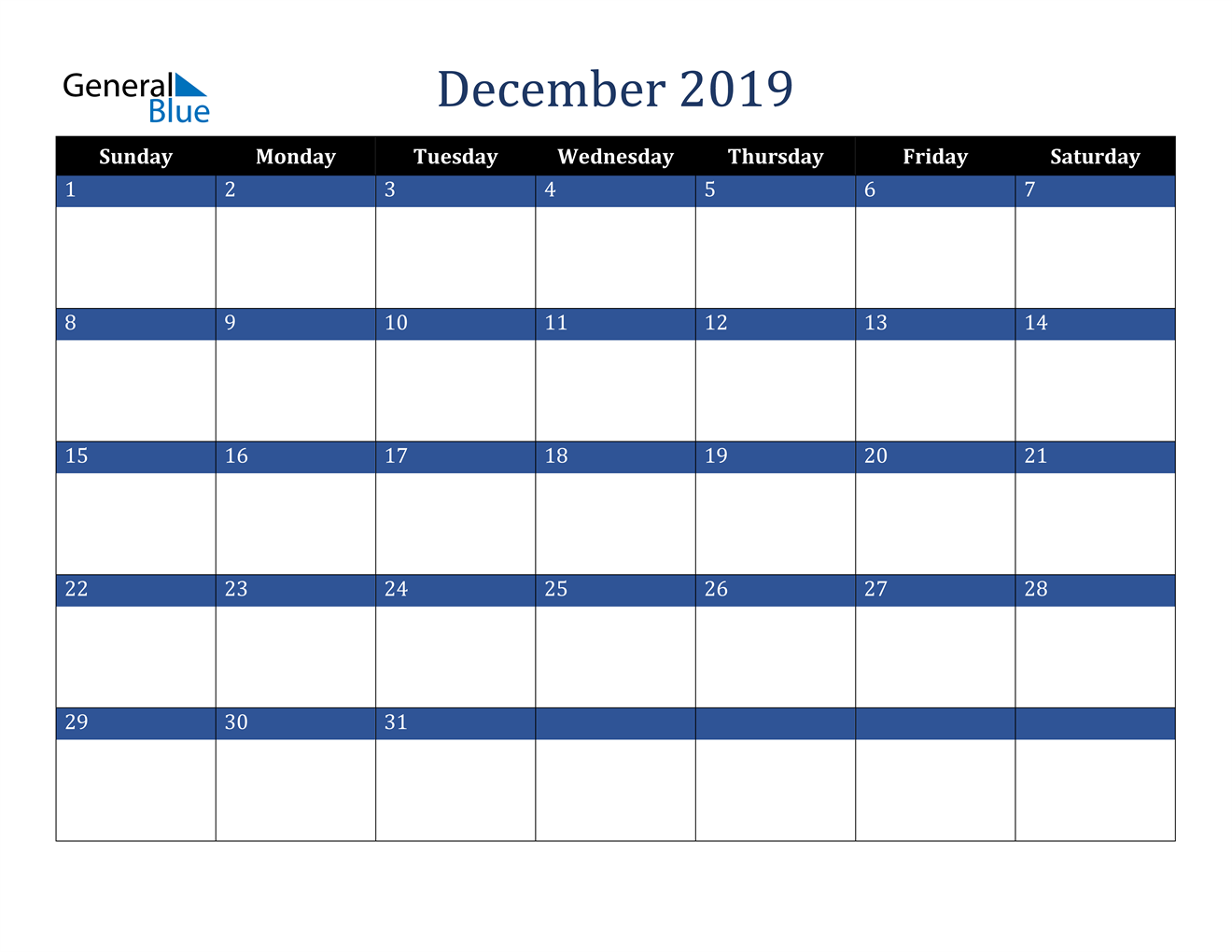 December 2019 Calendar (PDF Word Excel)