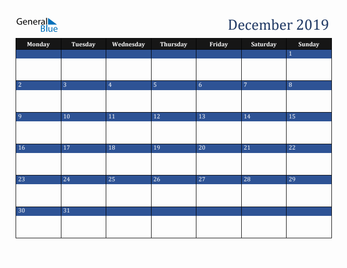 Monday Start Calendar for December 2019