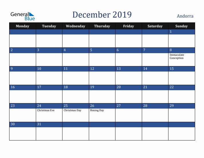 December 2019 Andorra Calendar (Monday Start)