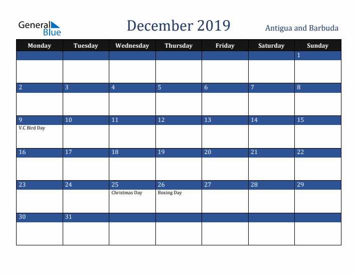 December 2019 Antigua and Barbuda Calendar (Monday Start)