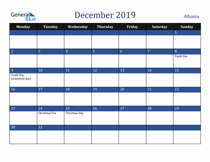 December 2019 Albania Calendar (Monday Start)