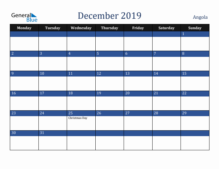 December 2019 Angola Calendar (Monday Start)