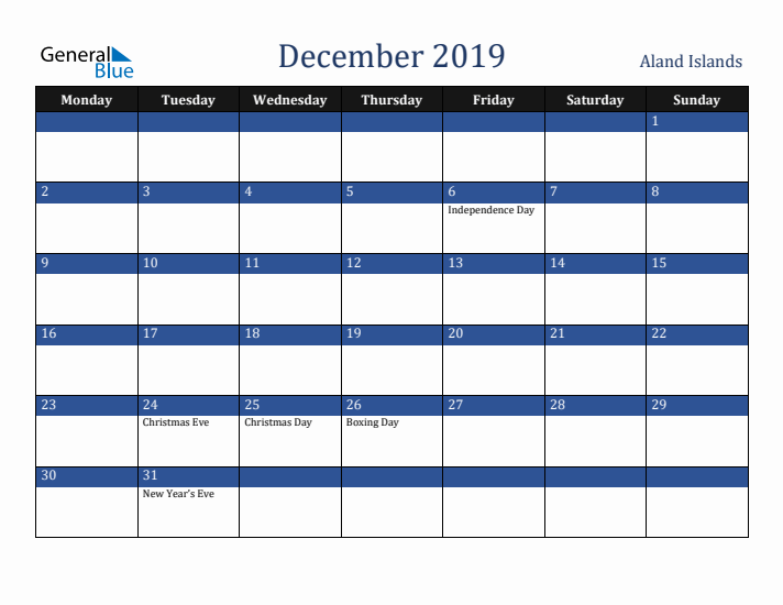 December 2019 Aland Islands Calendar (Monday Start)