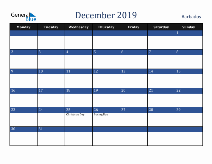 December 2019 Barbados Calendar (Monday Start)