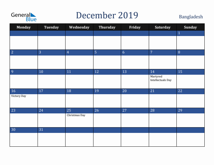 December 2019 Bangladesh Calendar (Monday Start)