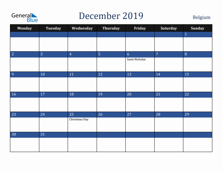 December 2019 Belgium Calendar (Monday Start)