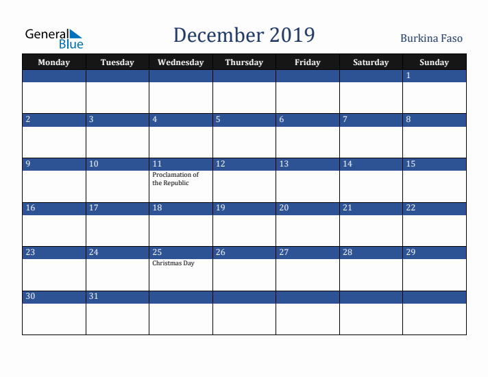 December 2019 Burkina Faso Calendar (Monday Start)