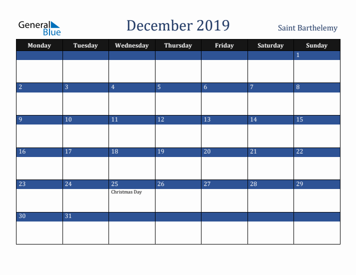 December 2019 Saint Barthelemy Calendar (Monday Start)