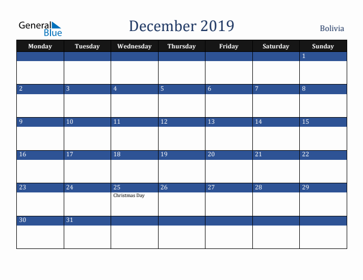 December 2019 Bolivia Calendar (Monday Start)