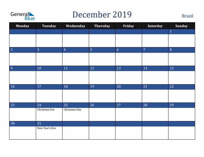 December 2019 Brazil Calendar (Monday Start)