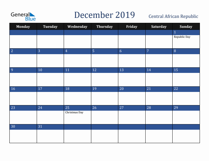 December 2019 Central African Republic Calendar (Monday Start)