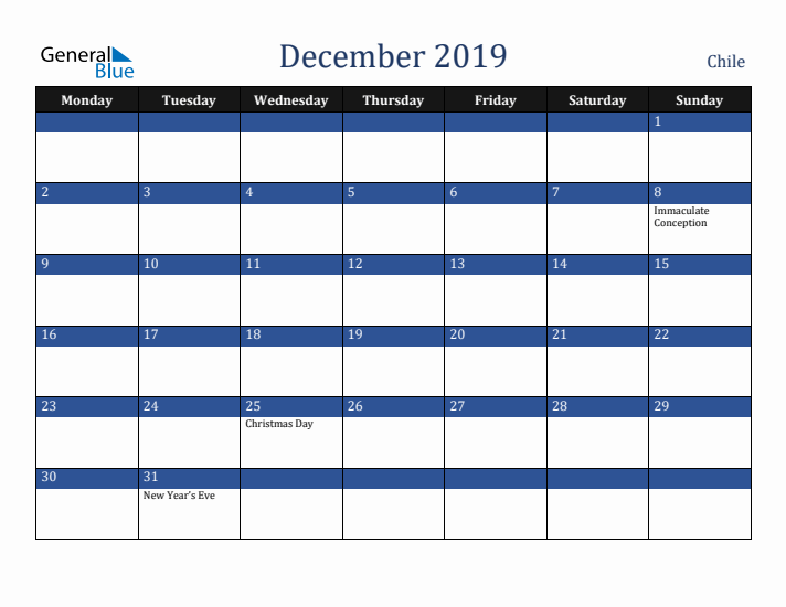 December 2019 Chile Calendar (Monday Start)